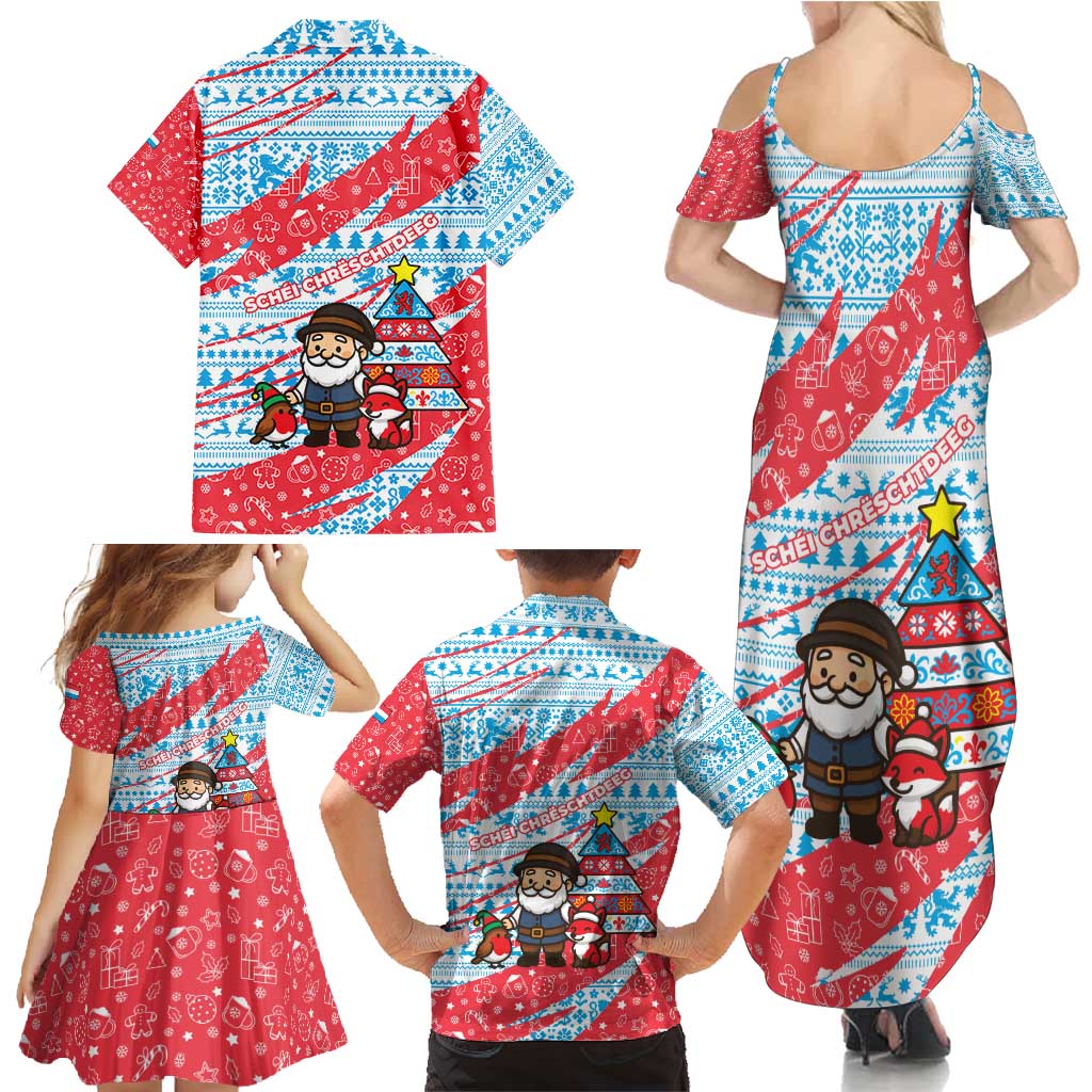 Luxembourg Christmas Family Matching Summer Maxi Dress and Hawaiian Shirt with Santa Claus Fox Reindeer Tree and Red Blue Pattern Design - Wonder Print Shop