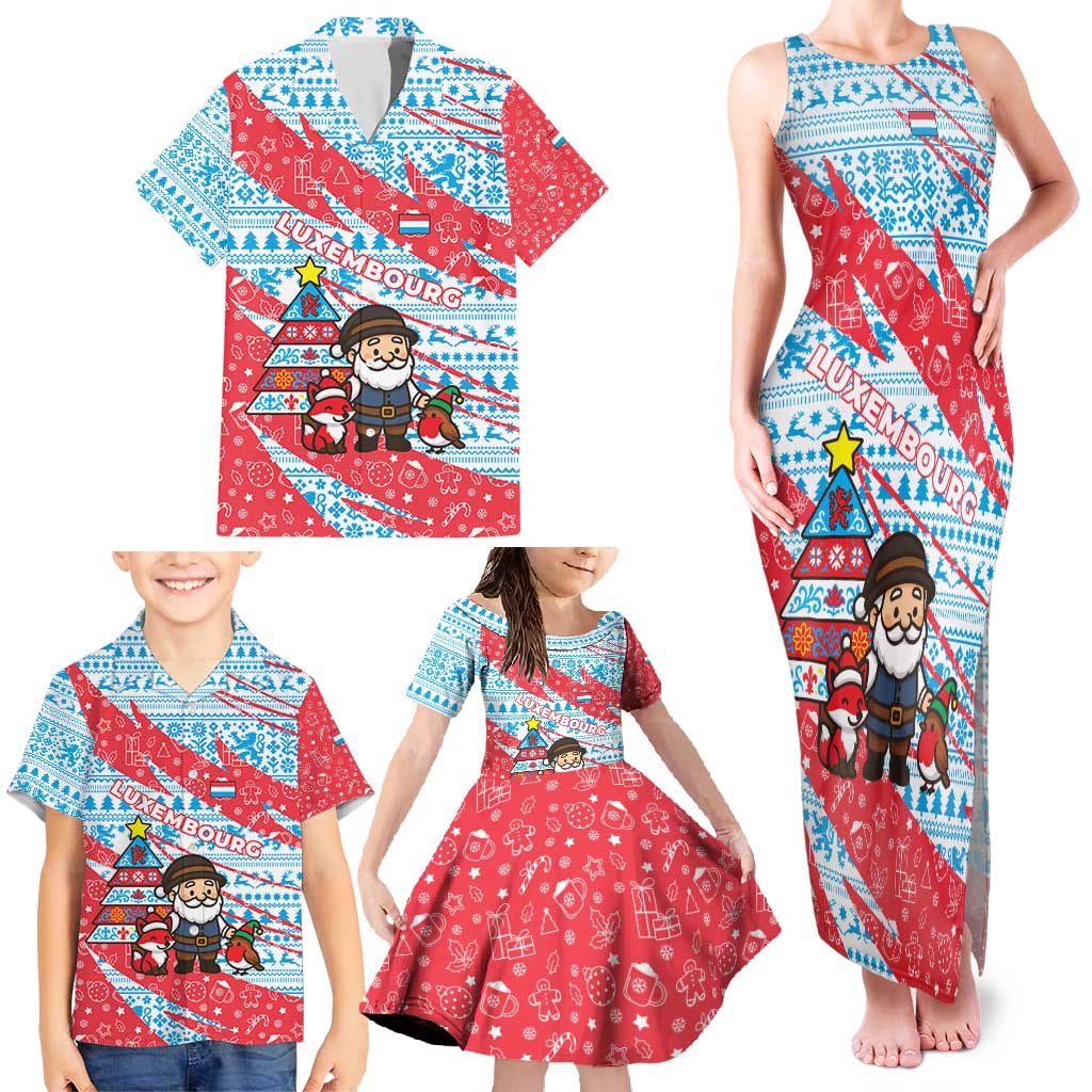 Luxembourg Christmas Family Matching Tank Maxi Dress and Hawaiian Shirt with Santa Claus Fox Reindeer Tree and Red Blue Pattern Design - Wonder Print Shop