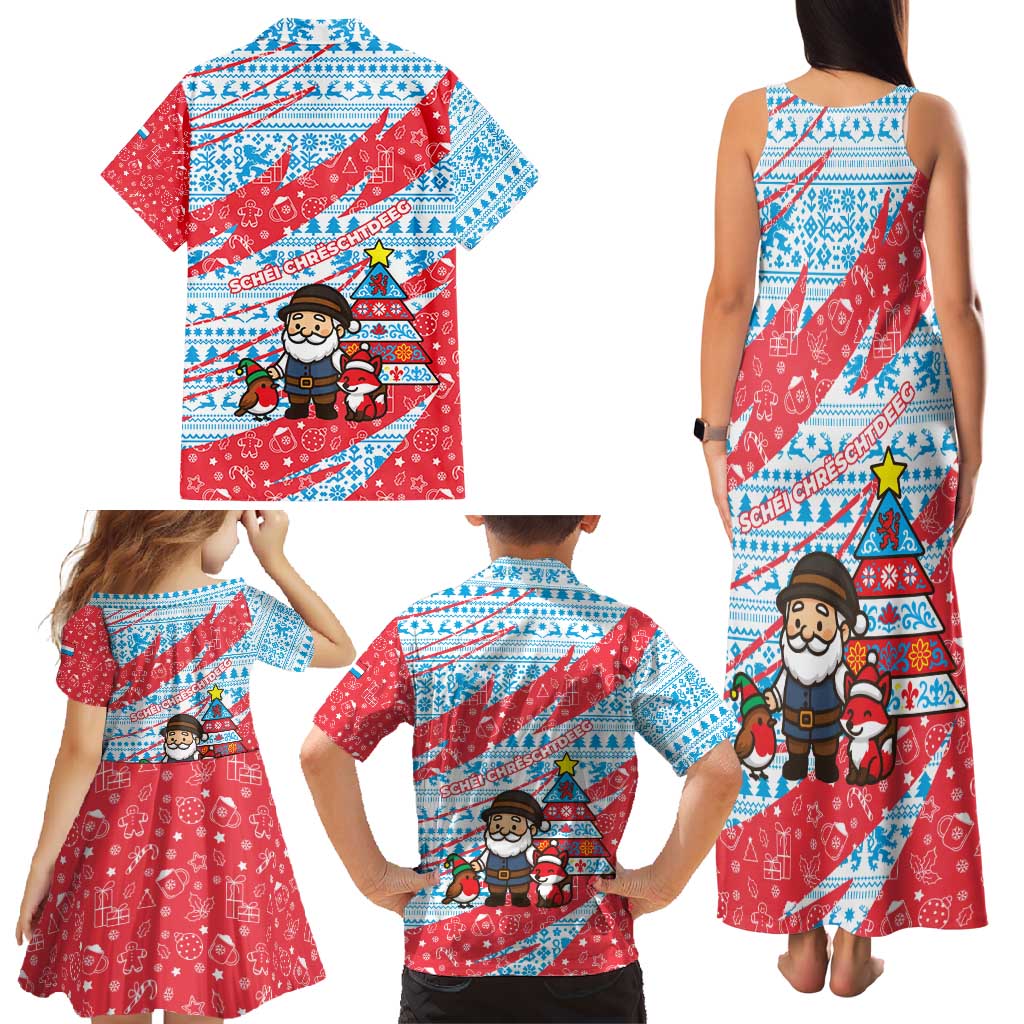 Luxembourg Christmas Family Matching Tank Maxi Dress and Hawaiian Shirt with Santa Claus Fox Reindeer Tree and Red Blue Pattern Design - Wonder Print Shop