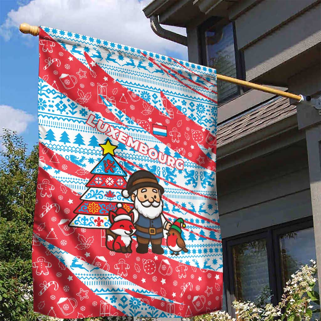 Luxembourg Christmas Garden Flag with Santa Claus Fox Reindeer Tree and Red Blue Pattern Design - Wonder Print Shop