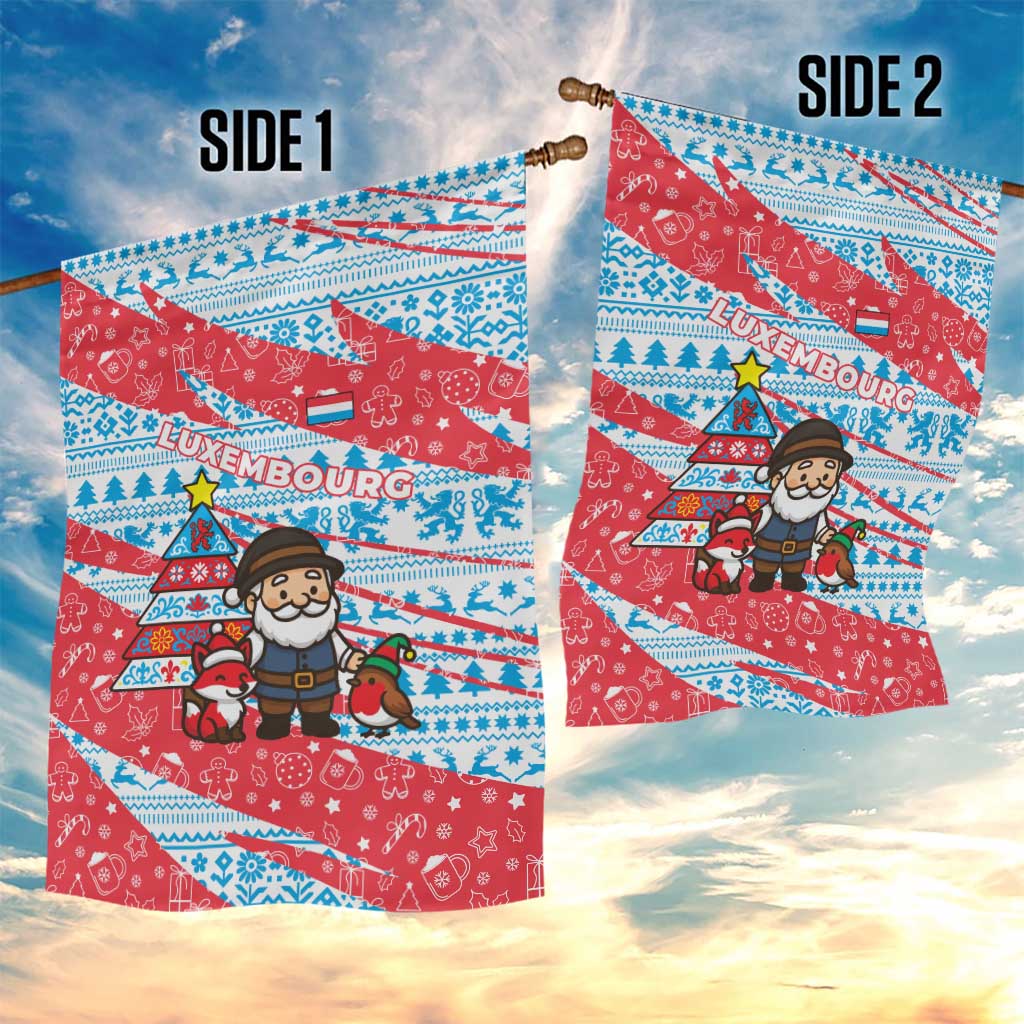 Luxembourg Christmas Garden Flag with Santa Claus Fox Reindeer Tree and Red Blue Pattern Design - Wonder Print Shop