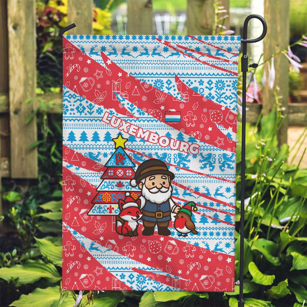 Luxembourg Christmas Garden Flag with Santa Claus Fox Reindeer Tree and Red Blue Pattern Design - Wonder Print Shop