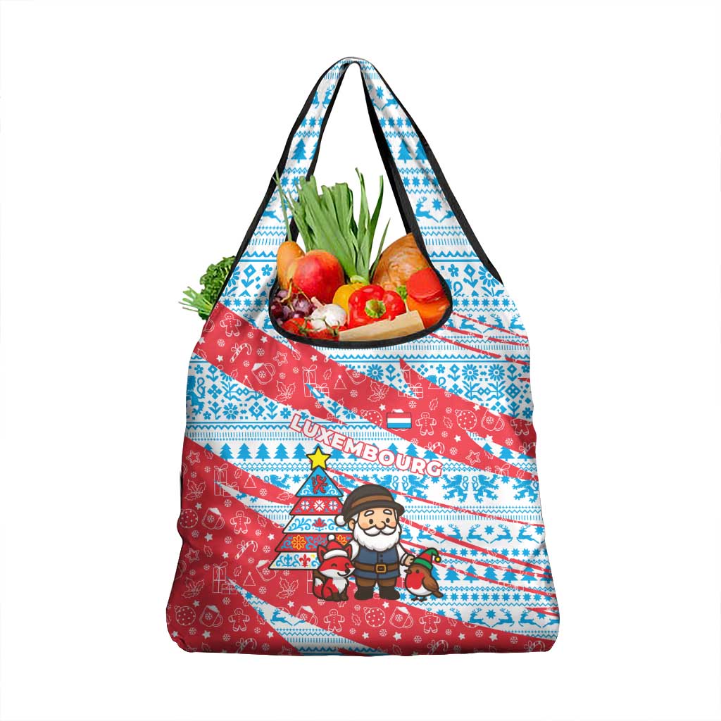 Luxembourg Christmas Grocery Bag with Santa Claus Fox Reindeer Tree and Red Blue Pattern Design - Wonder Print Shop