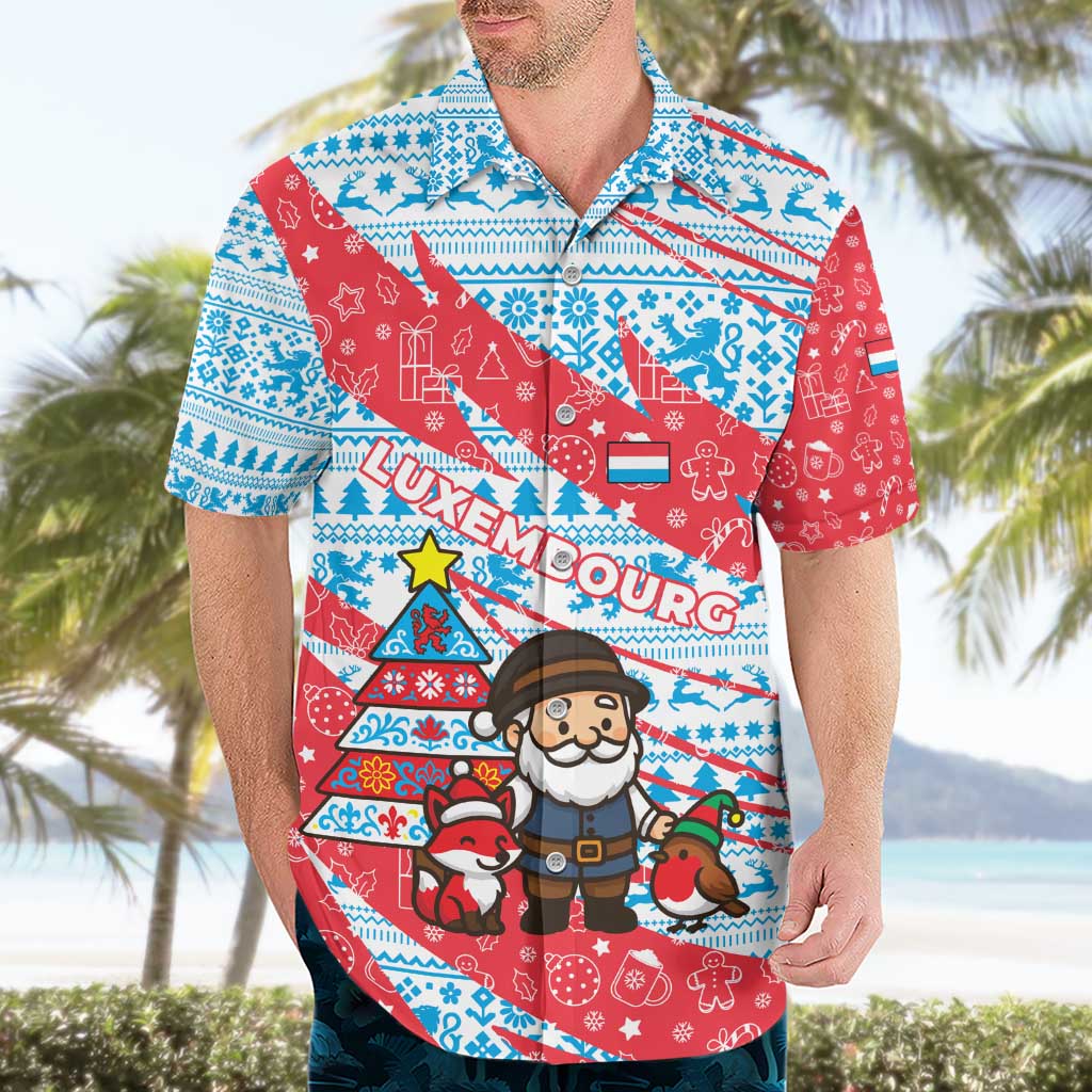 Luxembourg Christmas Hawaiian Shirt with Santa Claus Fox Reindeer Tree and Red Blue Pattern Design - Wonder Print Shop