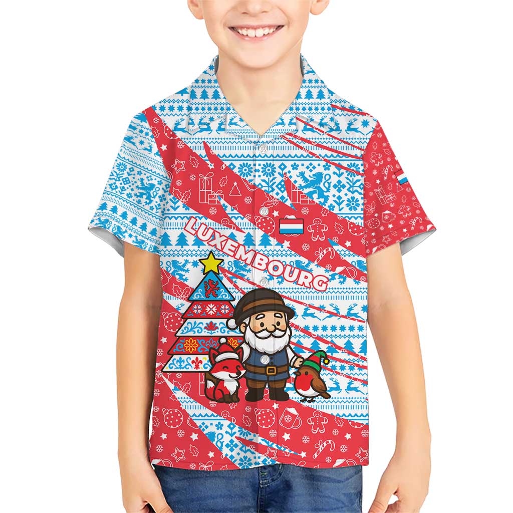 Luxembourg Christmas Hawaiian Shirt with Santa Claus Fox Reindeer Tree and Red Blue Pattern Design - Wonder Print Shop