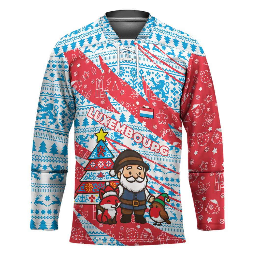 Luxembourg Christmas Hockey Jersey with Santa Claus Fox Reindeer Tree and Red Blue Pattern Design - Wonder Print Shop