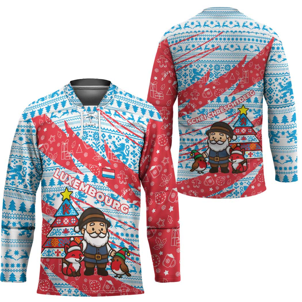 Luxembourg Christmas Hockey Jersey with Santa Claus Fox Reindeer Tree and Red Blue Pattern Design - Wonder Print Shop