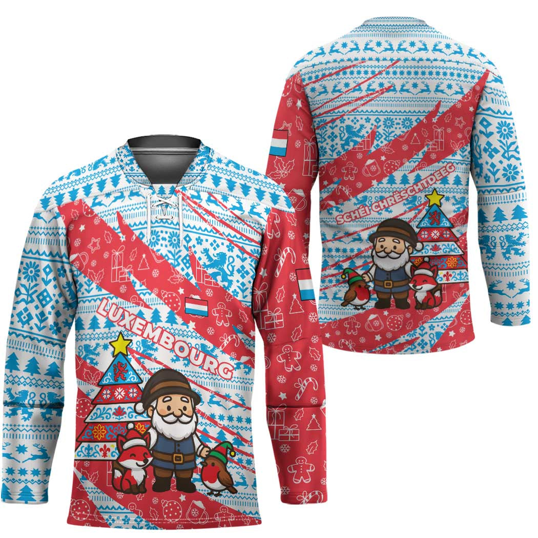 Luxembourg Christmas Hockey Jersey with Santa Claus Fox Reindeer Tree and Red Blue Pattern Design TS04