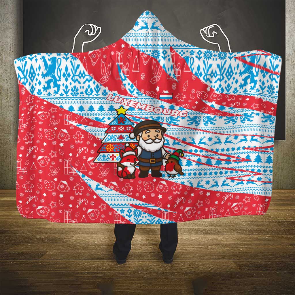 Luxembourg Christmas Hooded Blanket with Santa Claus Fox Reindeer Tree and Red Blue Pattern Design - Wonder Print Shop