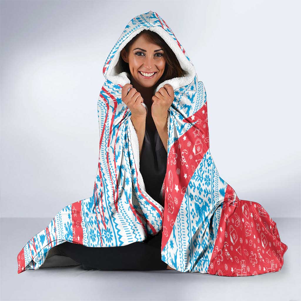 Luxembourg Christmas Hooded Blanket with Santa Claus Fox Reindeer Tree and Red Blue Pattern Design - Wonder Print Shop