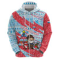 Luxembourg Christmas Hoodie with Santa Claus Fox Reindeer Tree and Red Blue Pattern Design - Wonder Print Shop