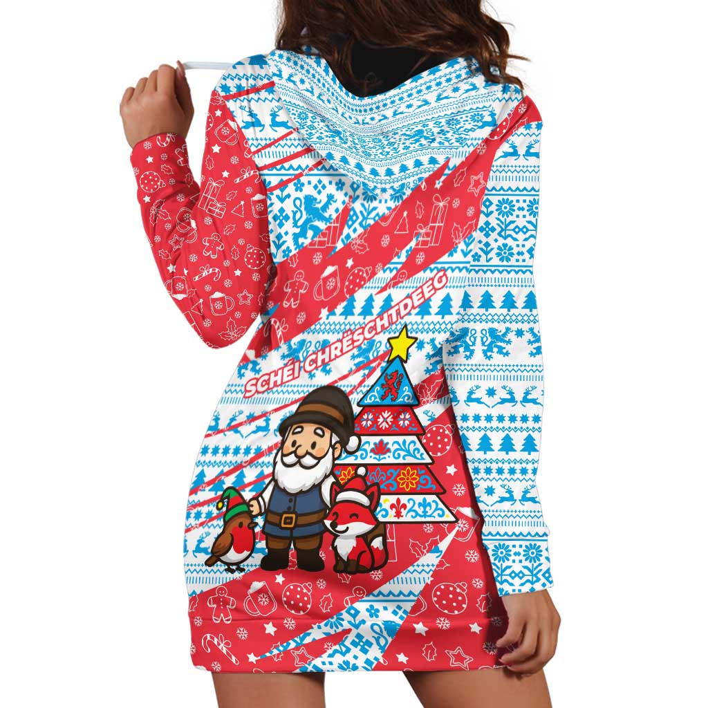 Luxembourg Christmas Hoodie Dress with Santa Claus Fox Reindeer Tree and Red Blue Pattern Design - Wonder Print Shop