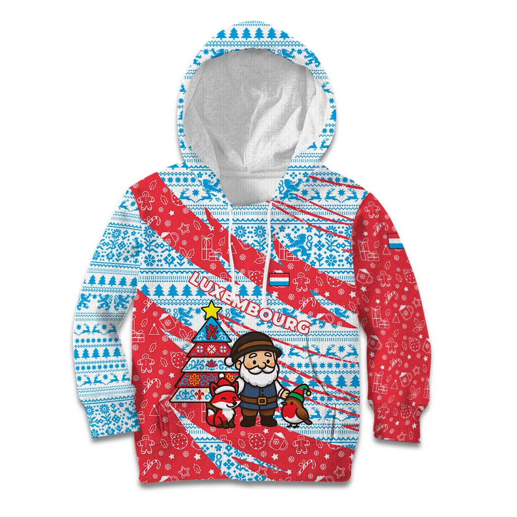 Luxembourg Christmas Kid Hoodie with Santa Claus Fox Reindeer Tree and Red Blue Pattern Design - Wonder Print Shop