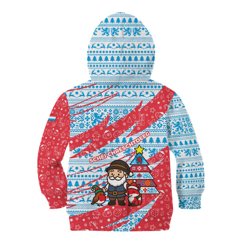 Luxembourg Christmas Kid Hoodie with Santa Claus Fox Reindeer Tree and Red Blue Pattern Design - Wonder Print Shop