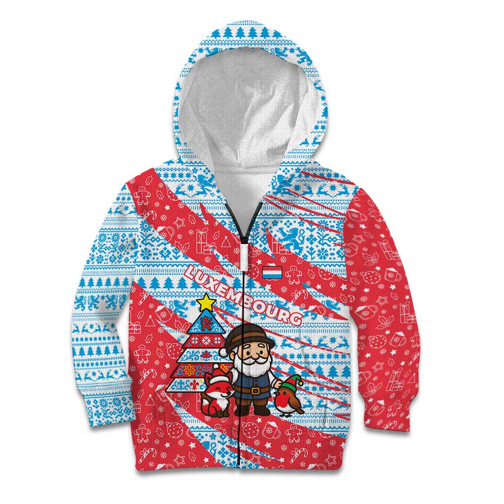 Luxembourg Christmas Kid Hoodie with Santa Claus Fox Reindeer Tree and Red Blue Pattern Design - Wonder Print Shop