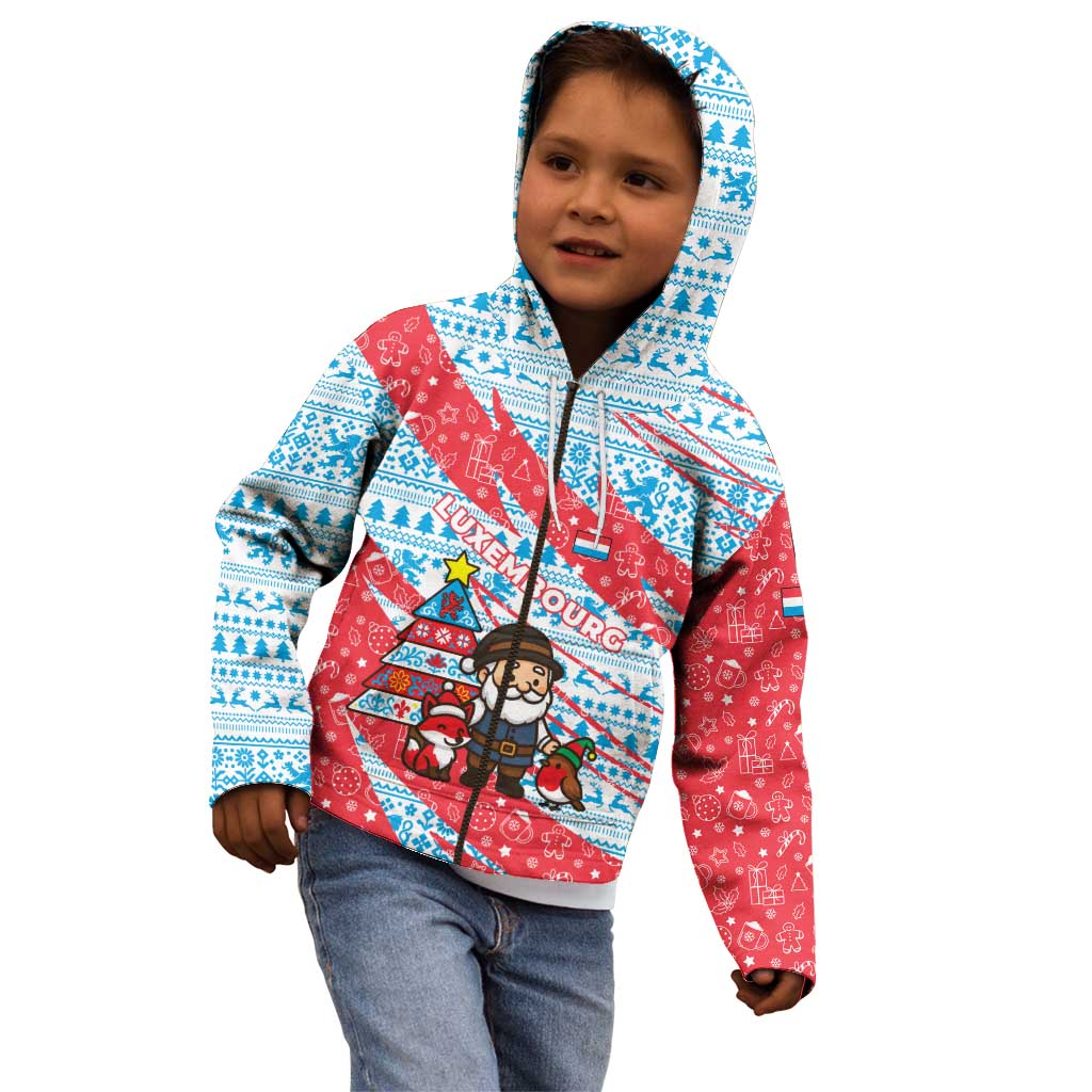 Luxembourg Christmas Kid Hoodie with Santa Claus Fox Reindeer Tree and Red Blue Pattern Design - Wonder Print Shop