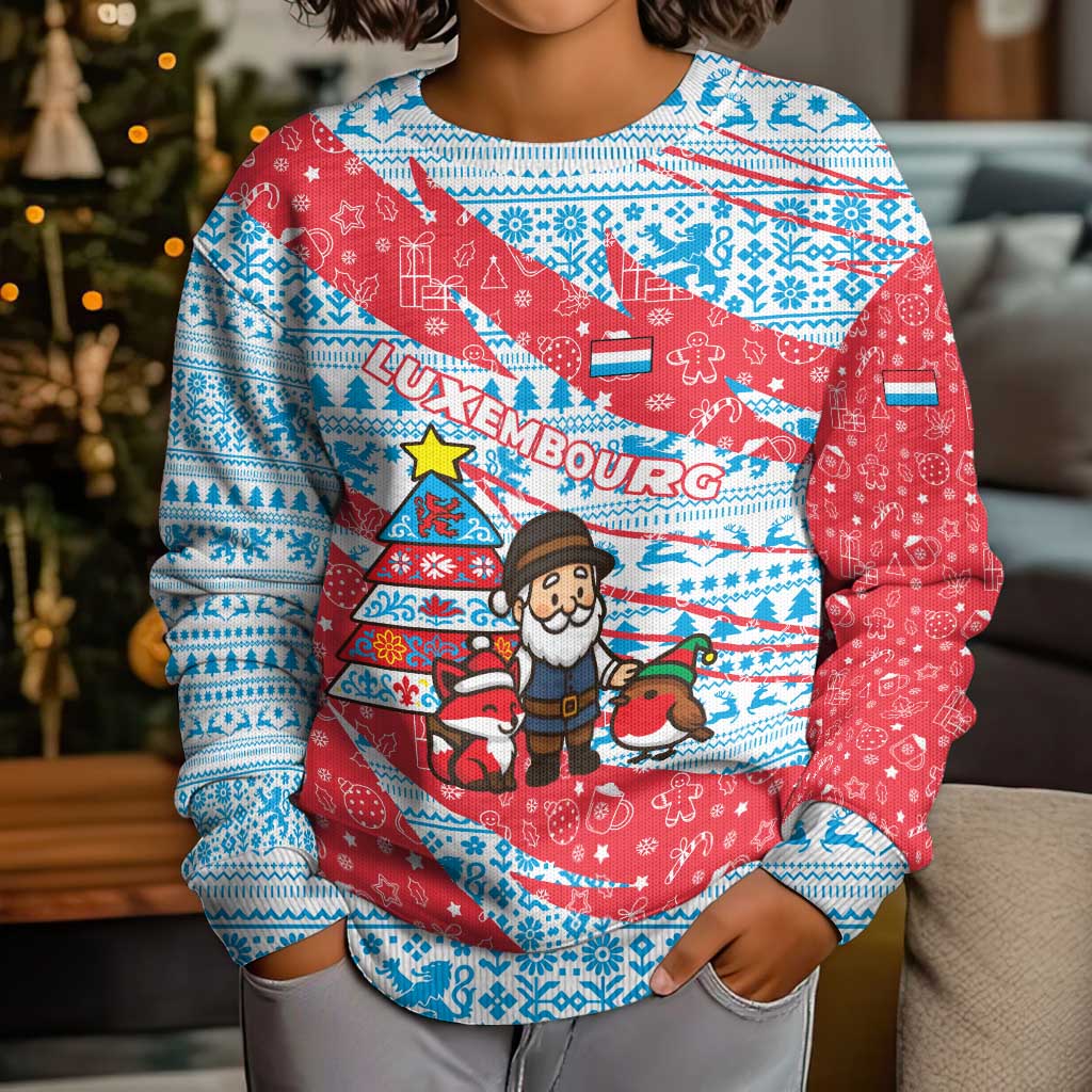 Luxembourg Christmas Kid Ugly Christmas Sweater with Santa Claus Fox Reindeer Tree and Red Blue Pattern Design - Wonder Print Shop