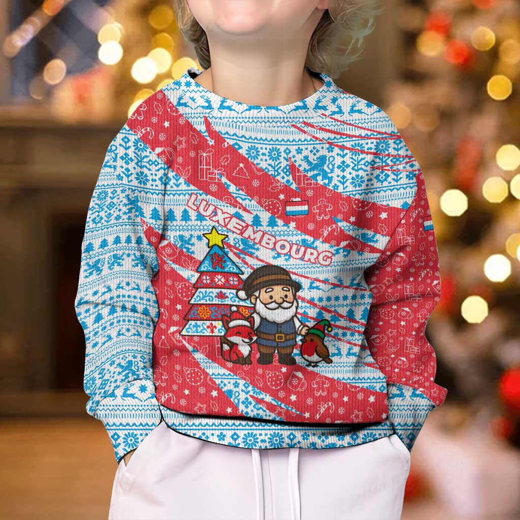 Luxembourg Christmas Kid Ugly Christmas Sweater with Santa Claus Fox Reindeer Tree and Red Blue Pattern Design - Wonder Print Shop