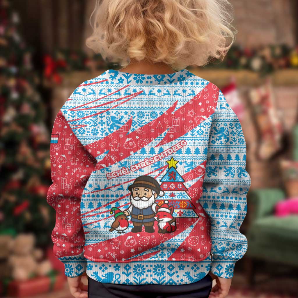 Luxembourg Christmas Kid Ugly Christmas Sweater with Santa Claus Fox Reindeer Tree and Red Blue Pattern Design - Wonder Print Shop
