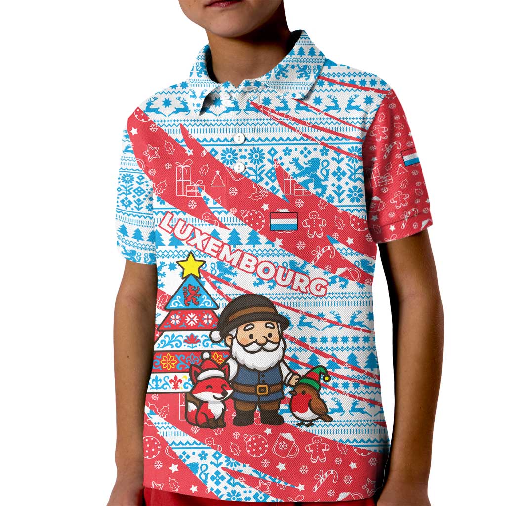 Luxembourg Christmas Kid Polo Shirt with Santa Claus Fox Reindeer Tree and Red Blue Pattern Design - Wonder Print Shop