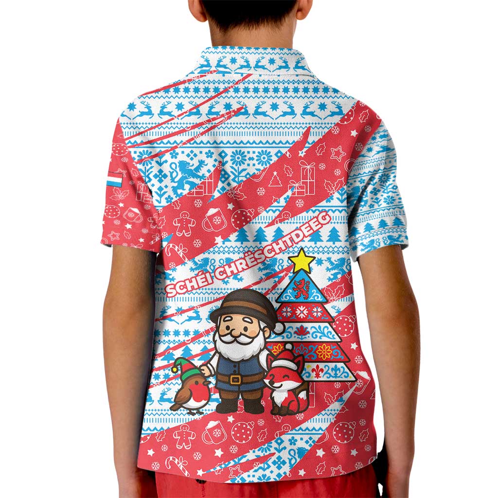 Luxembourg Christmas Kid Polo Shirt with Santa Claus Fox Reindeer Tree and Red Blue Pattern Design - Wonder Print Shop
