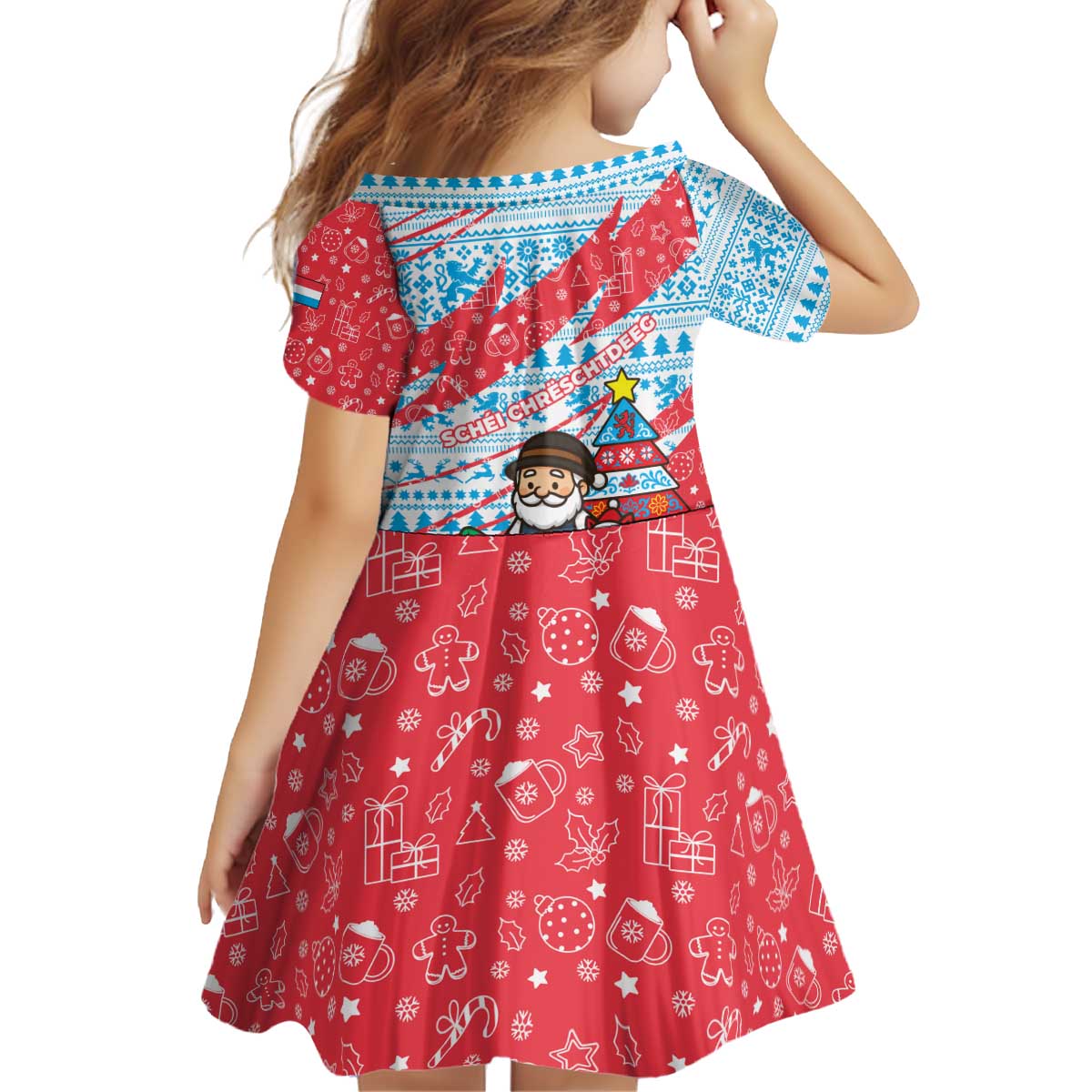 Luxembourg Christmas Kid Short Sleeve Dress with Santa Claus Fox Reindeer Tree and Red Blue Pattern Design - Wonder Print Shop
