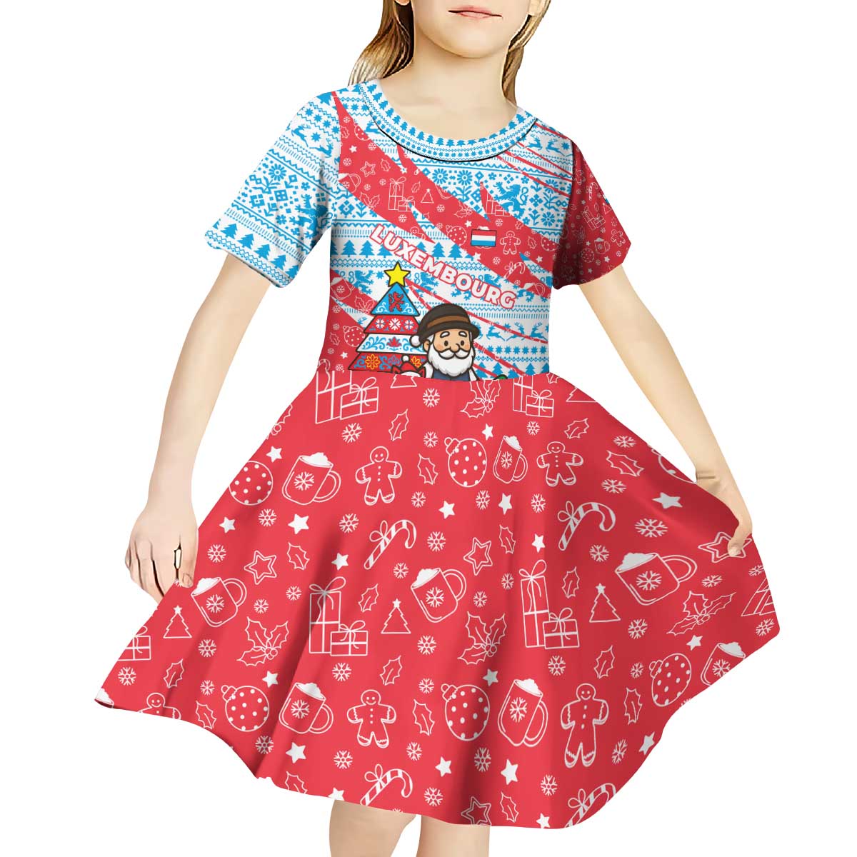 Luxembourg Christmas Kid Short Sleeve Dress with Santa Claus Fox Reindeer Tree and Red Blue Pattern Design - Wonder Print Shop