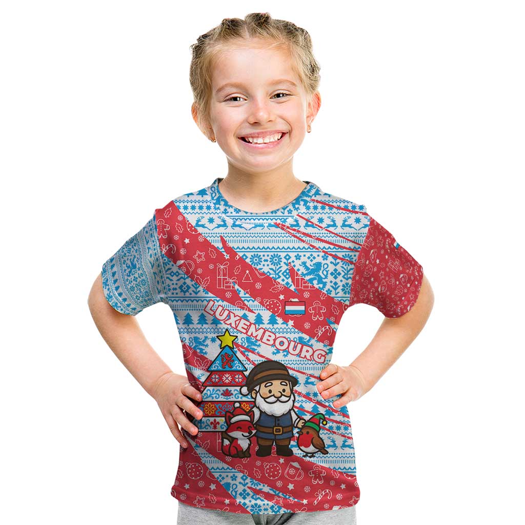 Luxembourg Christmas Kid T Shirt with Santa Claus Fox Reindeer Tree and Red Blue Pattern Design - Wonder Print Shop