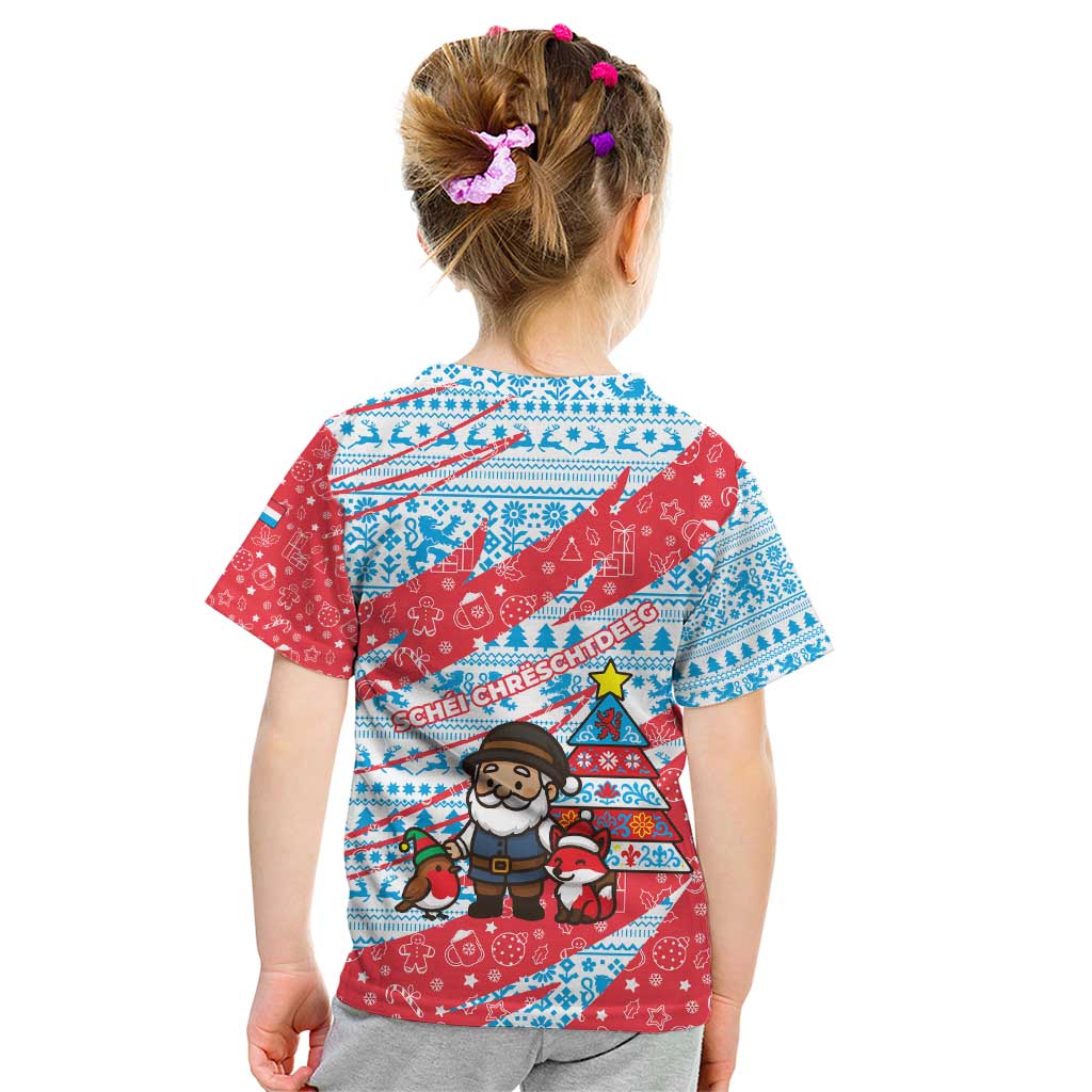 Luxembourg Christmas Kid T Shirt with Santa Claus Fox Reindeer Tree and Red Blue Pattern Design - Wonder Print Shop