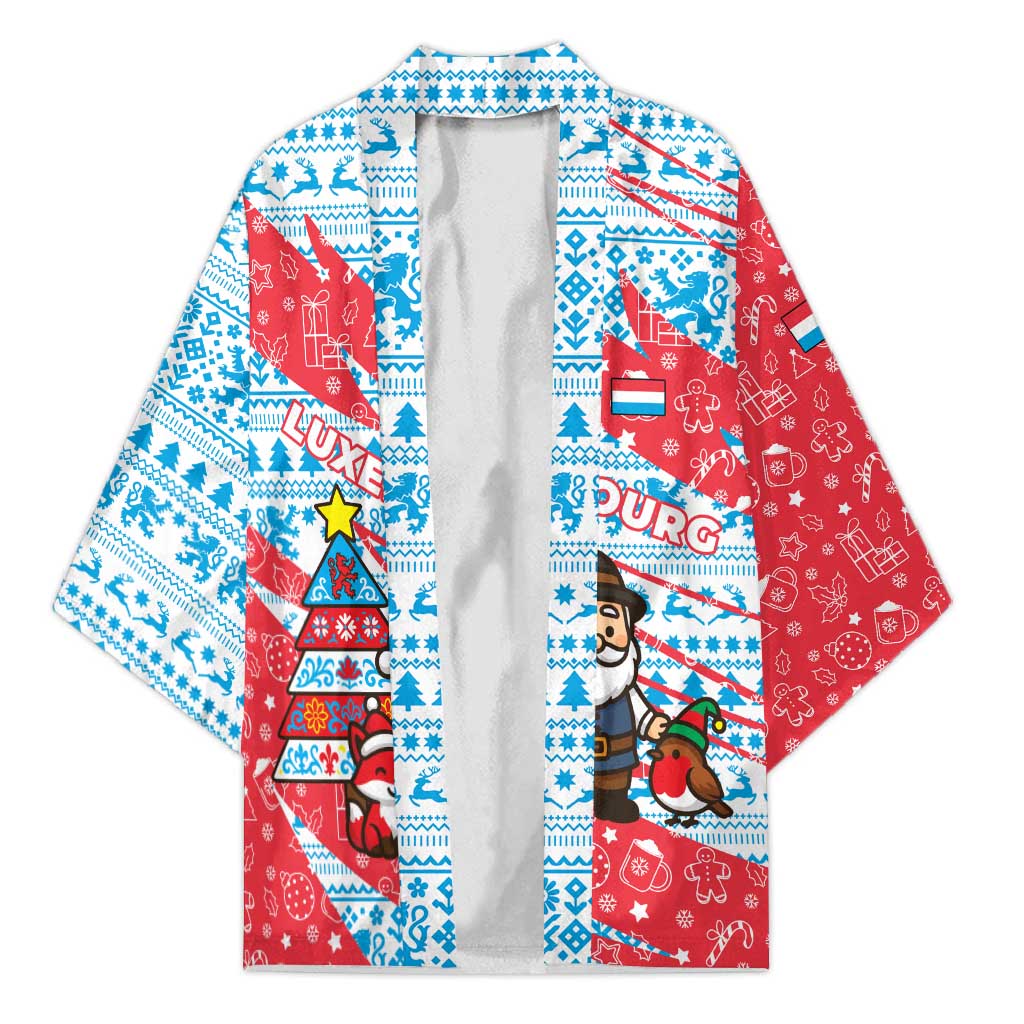 Luxembourg Christmas Kimono with Santa Claus Fox Reindeer Tree and Red Blue Pattern Design - Wonder Print Shop