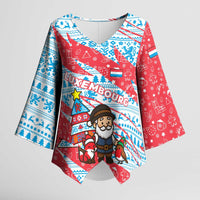 Luxembourg Christmas Kimono Sleeve Blouse with Santa Claus Fox Reindeer Tree and Red Blue Pattern Design - Wonder Print Shop