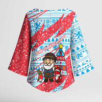 Luxembourg Christmas Kimono Sleeve Blouse with Santa Claus Fox Reindeer Tree and Red Blue Pattern Design - Wonder Print Shop