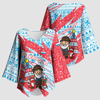 Luxembourg Christmas Kimono Sleeve Blouse with Santa Claus Fox Reindeer Tree and Red Blue Pattern Design - Wonder Print Shop