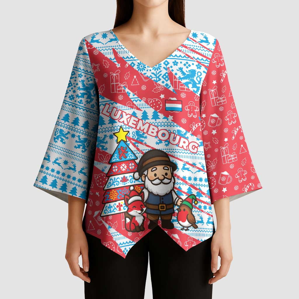 Luxembourg Christmas Kimono Sleeve Blouse with Santa Claus Fox Reindeer Tree and Red Blue Pattern Design - Wonder Print Shop