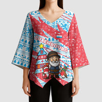 Luxembourg Christmas Kimono Sleeve Blouse with Santa Claus Fox Reindeer Tree and Red Blue Pattern Design - Wonder Print Shop