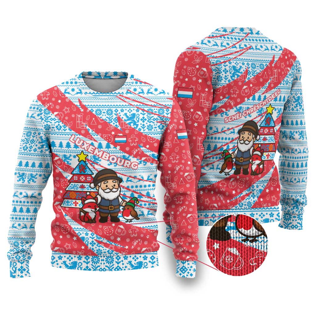 Luxembourg Christmas Ugly Christmas Sweater with Santa Claus Fox Reindeer Tree and Red Blue Pattern Design - Wonder Print Shop
