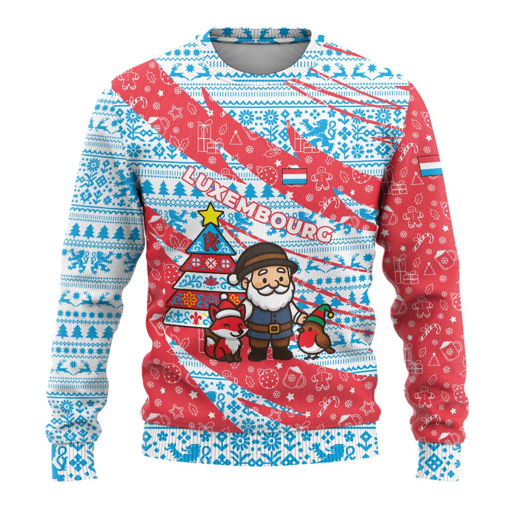 Luxembourg Christmas Ugly Christmas Sweater with Santa Claus Fox Reindeer Tree and Red Blue Pattern Design - Wonder Print Shop