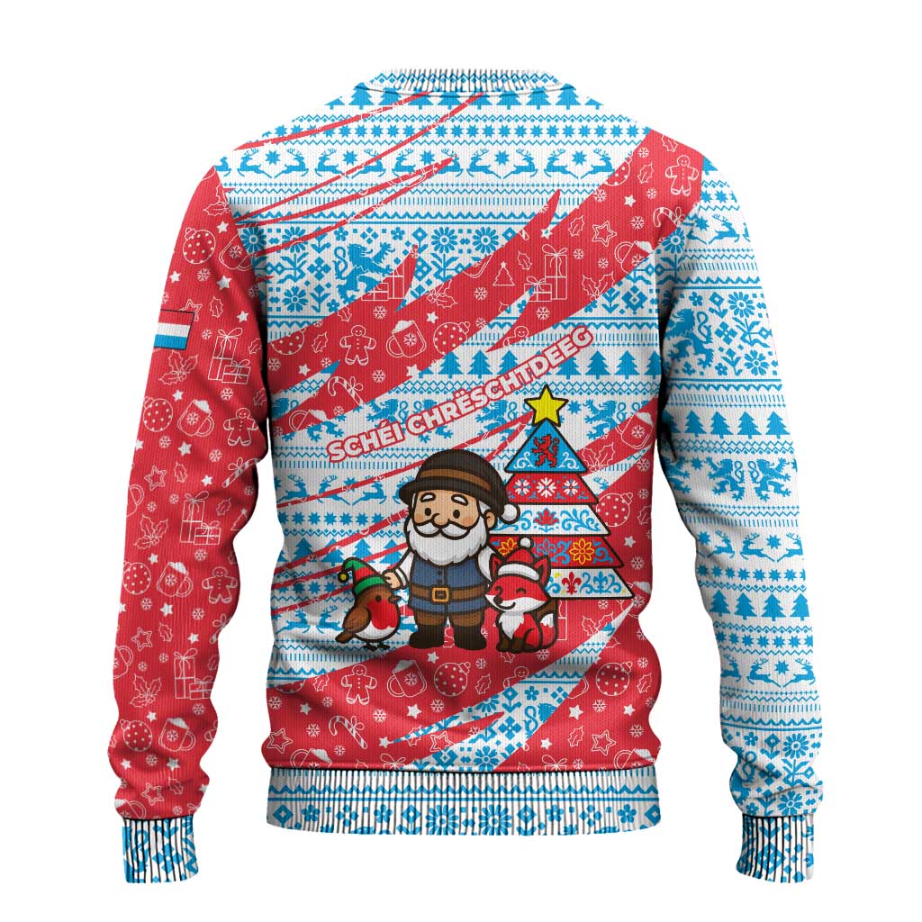 Luxembourg Christmas Ugly Christmas Sweater with Santa Claus Fox Reindeer Tree and Red Blue Pattern Design - Wonder Print Shop