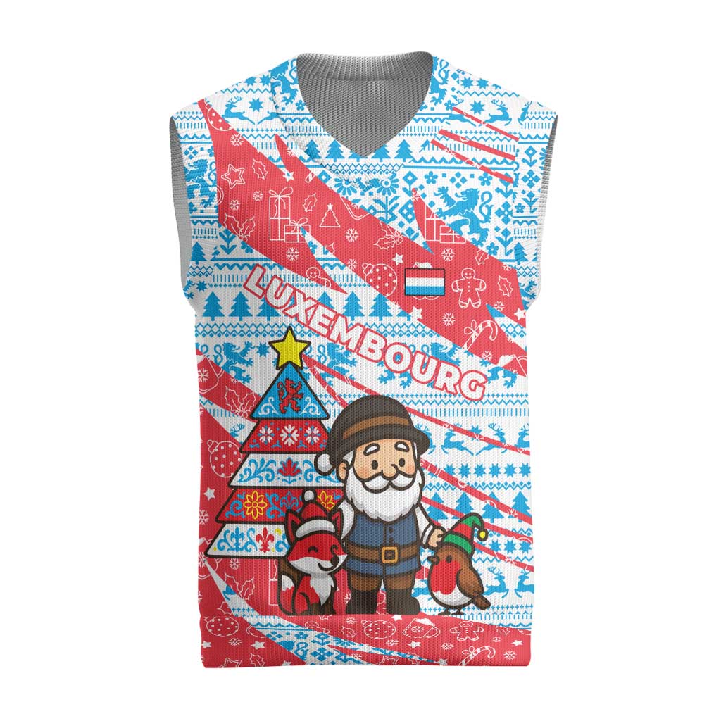 Luxembourg Christmas Knitted V-Neck Vest with Santa Claus Fox Reindeer Tree and Red Blue Pattern Design - Wonder Print Shop
