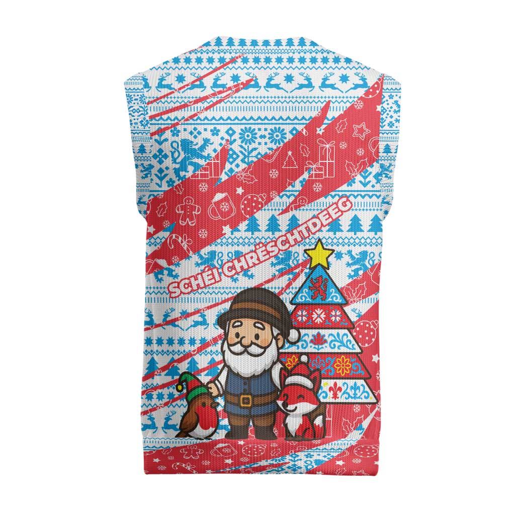 Luxembourg Christmas Knitted V-Neck Vest with Santa Claus Fox Reindeer Tree and Red Blue Pattern Design - Wonder Print Shop