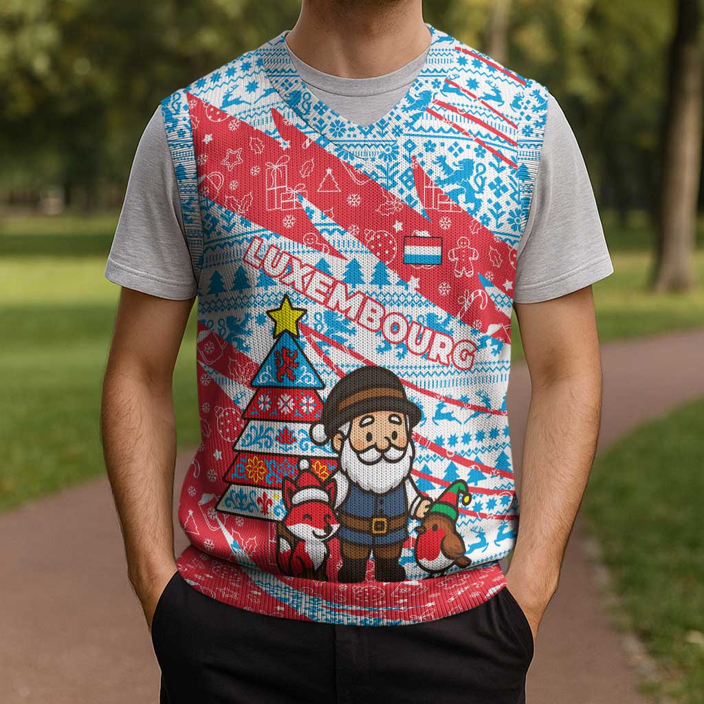 Luxembourg Christmas Knitted V-Neck Vest with Santa Claus Fox Reindeer Tree and Red Blue Pattern Design - Wonder Print Shop