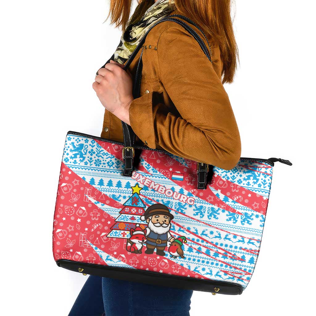 Luxembourg Christmas Leather Tote Bag with Santa Claus Fox Reindeer Tree and Red Blue Pattern Design - Wonder Print Shop