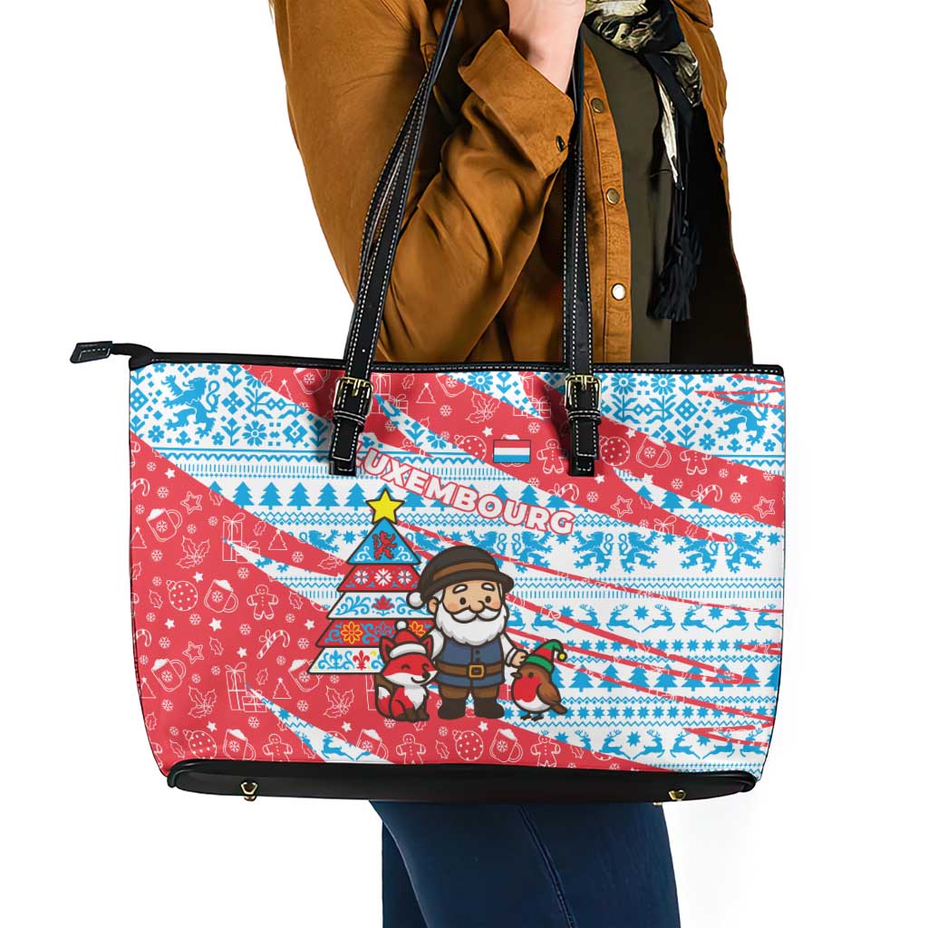 Luxembourg Christmas Leather Tote Bag with Santa Claus Fox Reindeer Tree and Red Blue Pattern Design - Wonder Print Shop