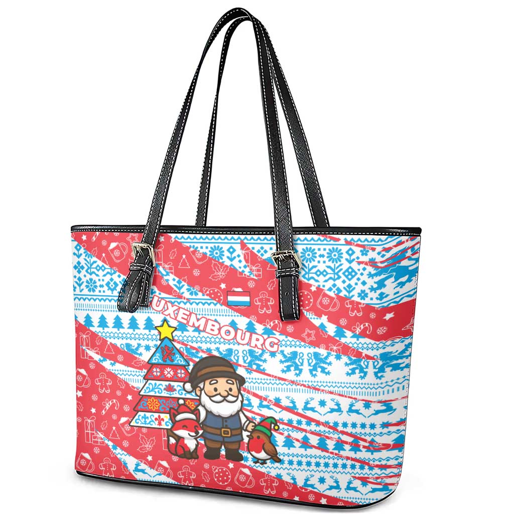 Luxembourg Christmas Leather Tote Bag with Santa Claus Fox Reindeer Tree and Red Blue Pattern Design - Wonder Print Shop