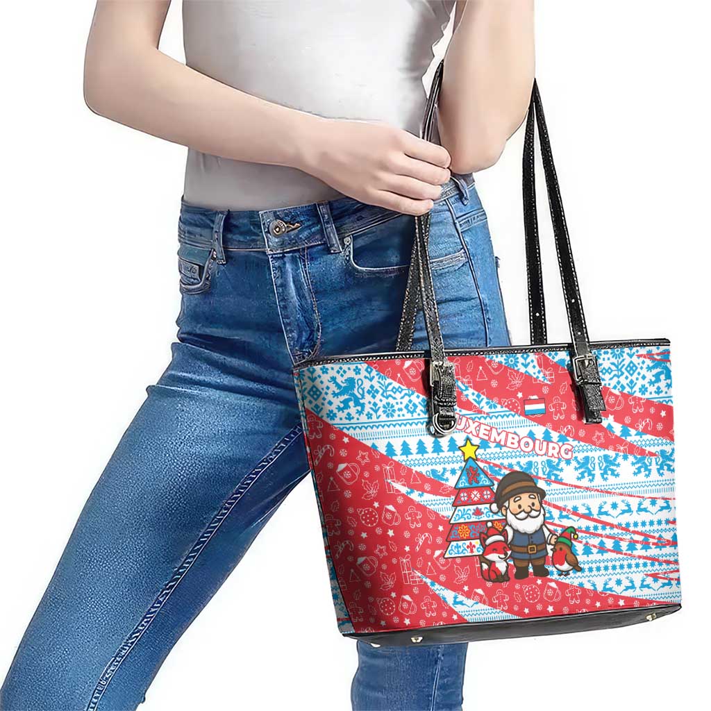 Luxembourg Christmas Leather Tote Bag with Santa Claus Fox Reindeer Tree and Red Blue Pattern Design - Wonder Print Shop