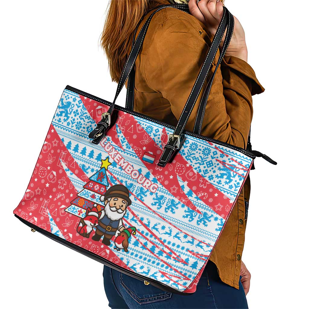 Luxembourg Christmas Leather Tote Bag with Santa Claus Fox Reindeer Tree and Red Blue Pattern Design - Wonder Print Shop