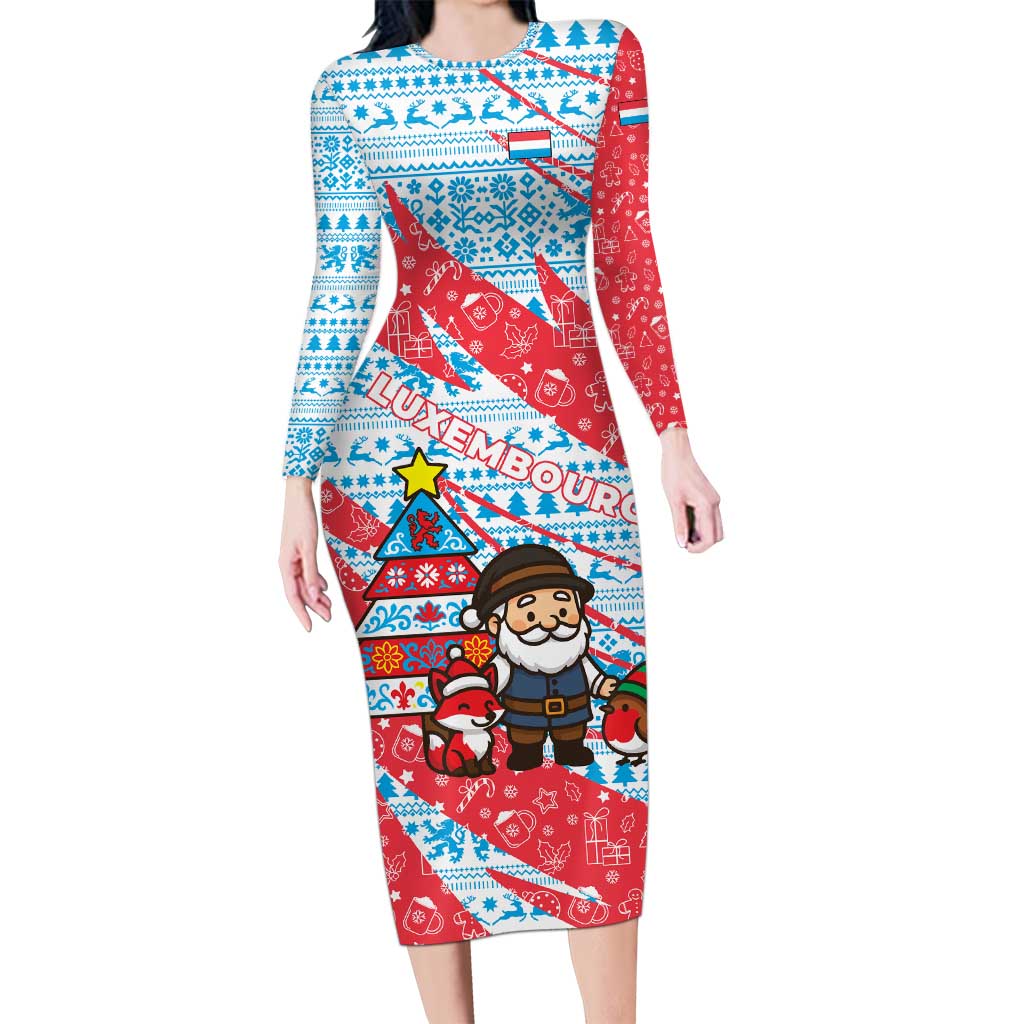 Luxembourg Christmas Long Sleeve Bodycon Dress with Santa Claus Fox Reindeer Tree and Red Blue Pattern Design - Wonder Print Shop