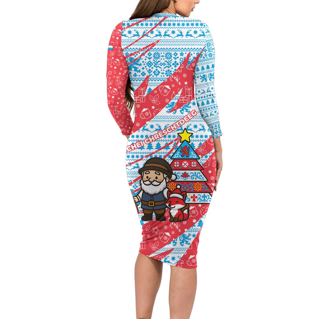 Luxembourg Christmas Long Sleeve Bodycon Dress with Santa Claus Fox Reindeer Tree and Red Blue Pattern Design - Wonder Print Shop
