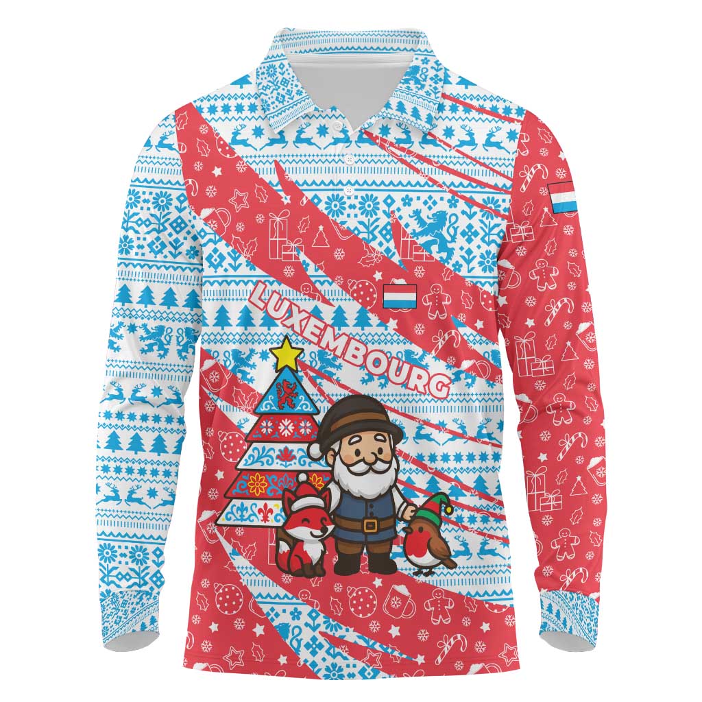 Luxembourg Christmas Long Sleeve Polo Shirt with Santa Claus Fox Reindeer Tree and Red Blue Pattern Design - Wonder Print Shop