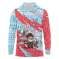 Luxembourg Christmas Long Sleeve Polo Shirt with Santa Claus Fox Reindeer Tree and Red Blue Pattern Design - Wonder Print Shop